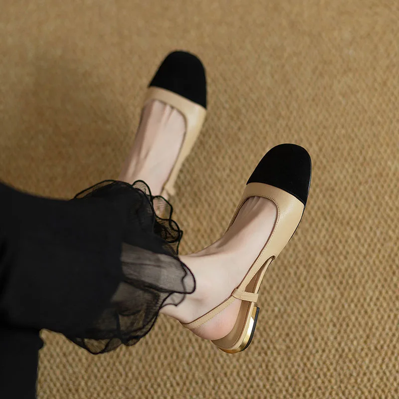 2022 Spring Autumn Round Toe Basic Pumps Women's 2cm Low Heels Fashion Retro Elastic Strap Slingback Summer Sandals Work Shoes