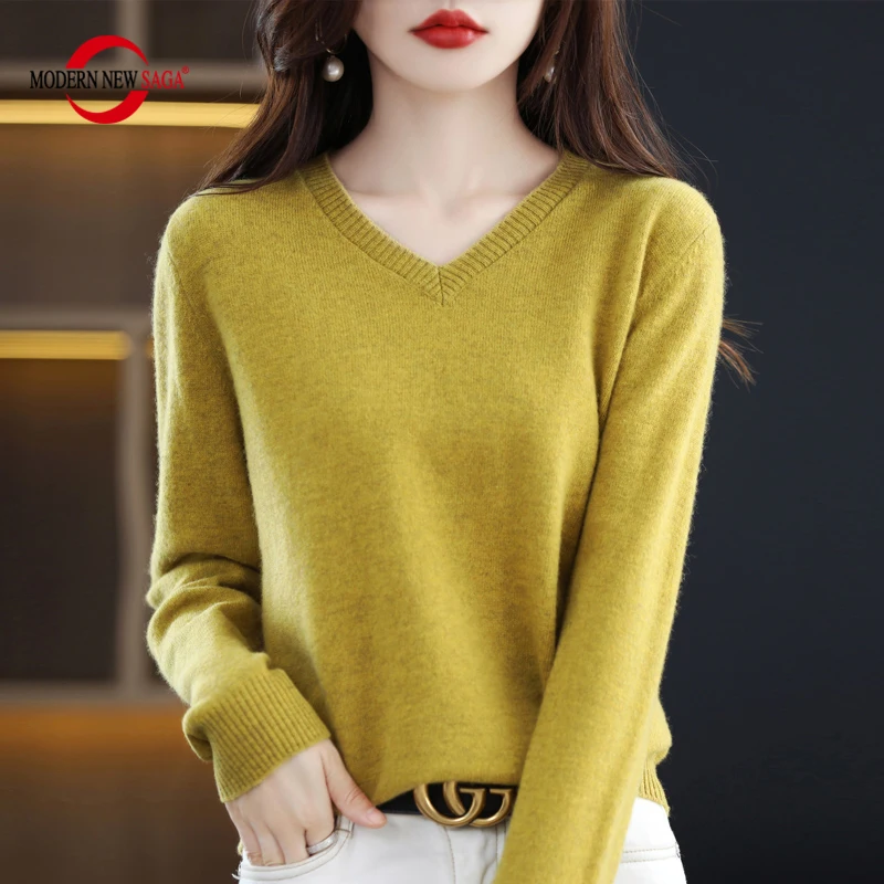 MODERN NEW SAGA Women Sweater Winter 100% Wool Knit Pullover Autumn Knitwear Jumpers Female Sweaters Knit Top Long Sleeve V-neck