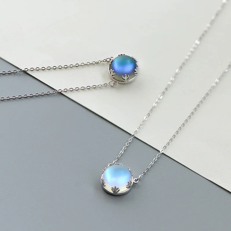 

New Moonstone Necklace Women's Simple Sweet Wind Blue Gradient Round Clavicle Chain for Girlfriend Gifts