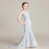 cute mermaid girls pageant gowns sparkly white sequin flower girls dresses children halter split kids birthday party