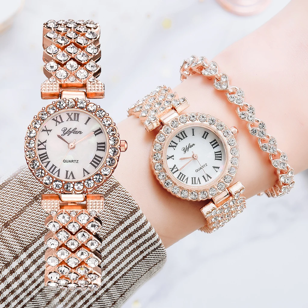 

Luxury Women Rose Gold Watch Fashion Ladies Quartz Diamond Wristwatch Elegant Female Bracelet Watched 2pcs Set Reloj Mujer