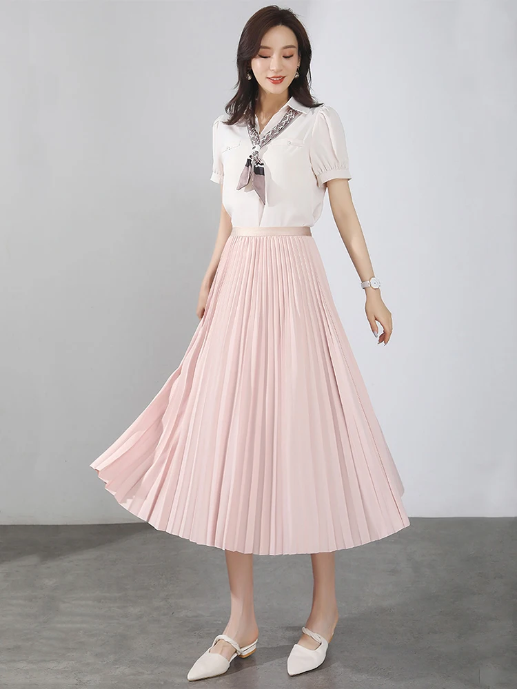 

Summer 2022 Women's Pleated Skirt Fashion Korean Style High Waist A-line Skirt Vintage Swing Umbrella Midi Skirt Saia Feminina