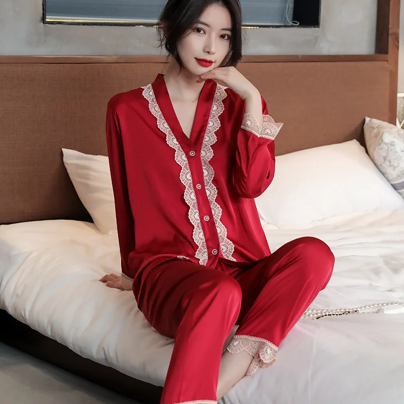 

2PCS Pajamas Suit Women Sleepwear Pyjama Pour Femme Satin Lace Patchwork Home Clothing Long Sleeve Loungewear Sleep Set
