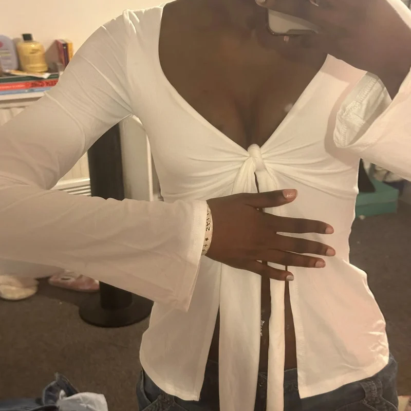 Женская винтажная блузка с V-образным вырезом и завязкой спереди