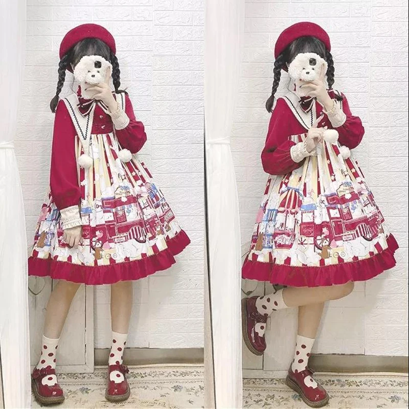 

Милое красное платье в стиле «лолита» с длинным рукавом и изображением попкорна