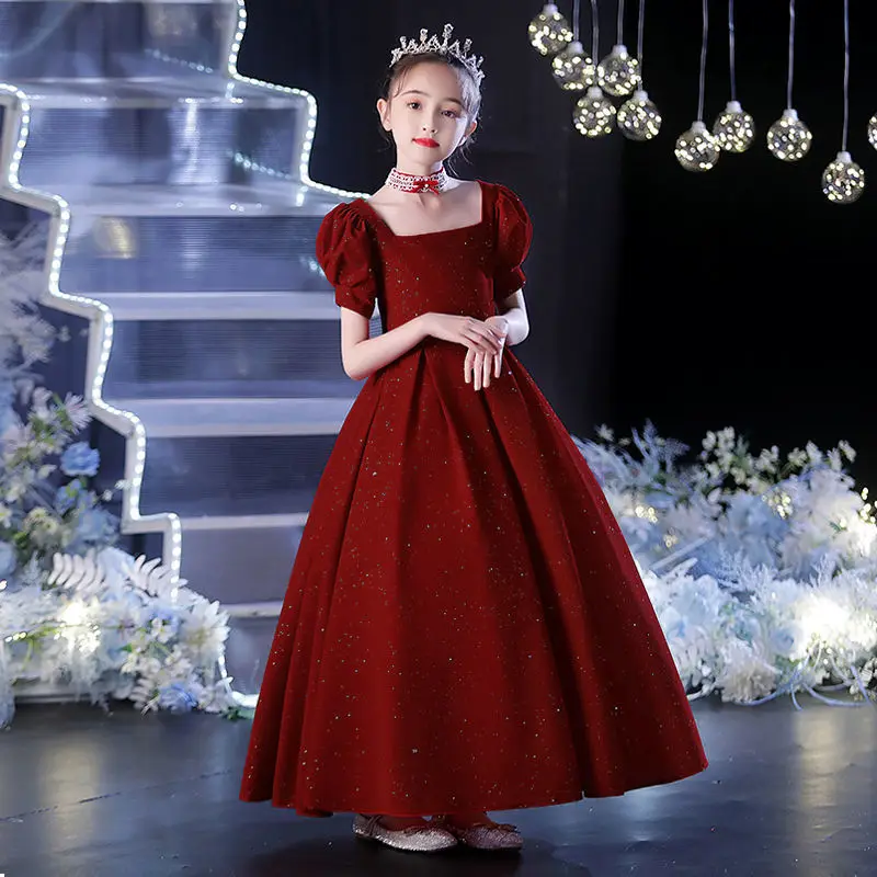 

Summer Children's Clothes Elegant Princess Square Collar Long Lace Dresses Kids Girls Wedding Ceremony Cute Party Dresses L54
