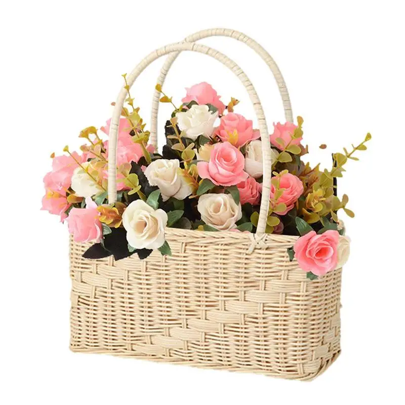 

Handmade Flower Basket durable wooden Storage Organizer Small Flower pot With Handles Weave Container For Wedding Holiday