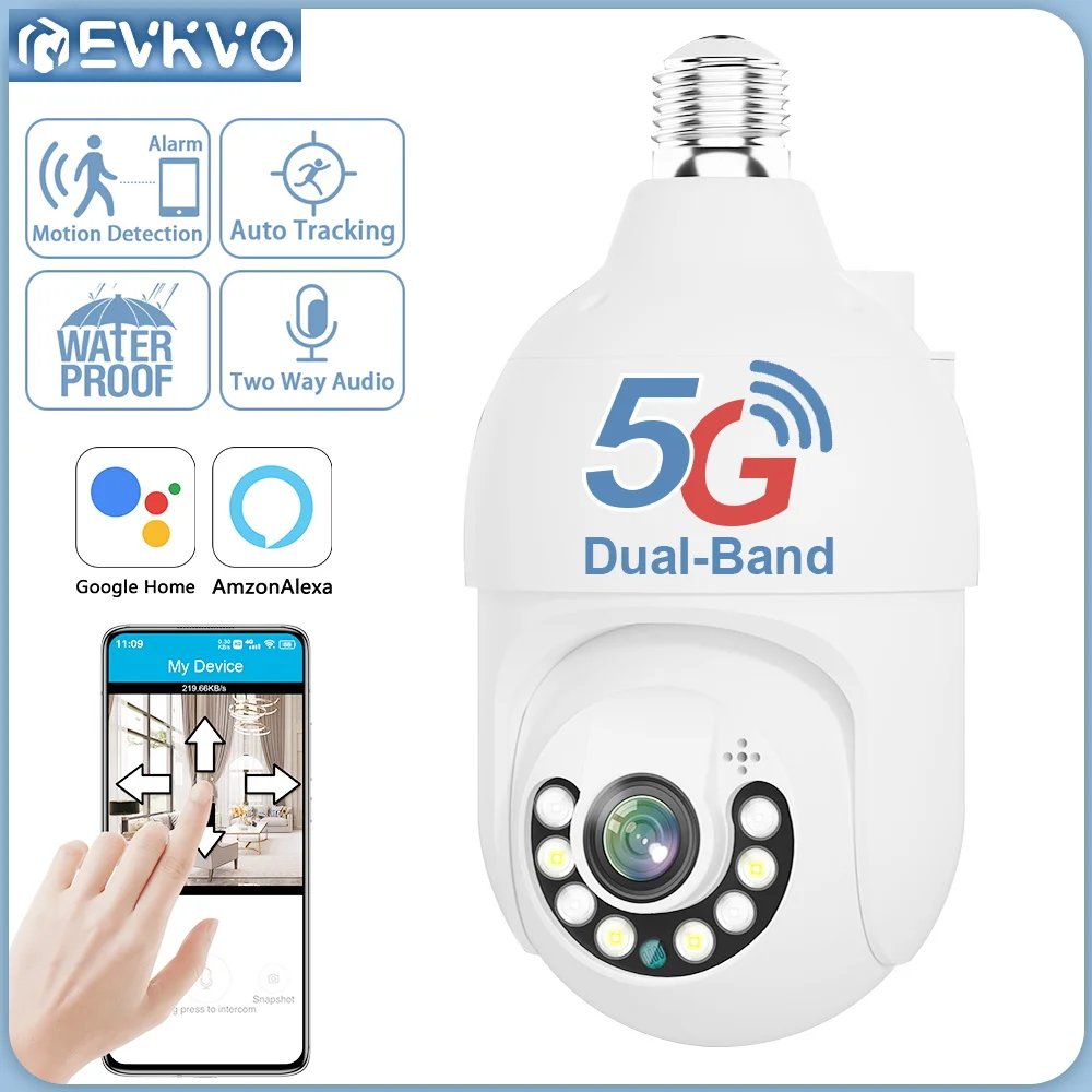 

EVKVO 5MP 5G E27 Bulb PTZ WiFi IP Camera Indoor Google Home Alexa Wifi Camera Auto Tracking Security Surveillance Camera