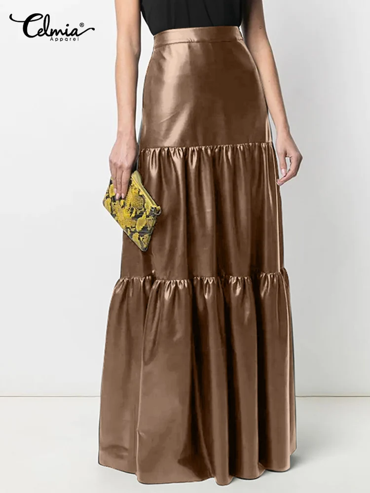 

Celmia PU Leather Elegant Long Skirts Women 2022 Fashion High Waist Stitching Pleats Maxi Skirt Casual Solid Color OL Faldas