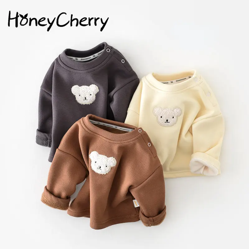 

Зимняя однотонная флисовая детская футболка для младенцев, мультяшный теплый пуловер, рубашка, детская одежда