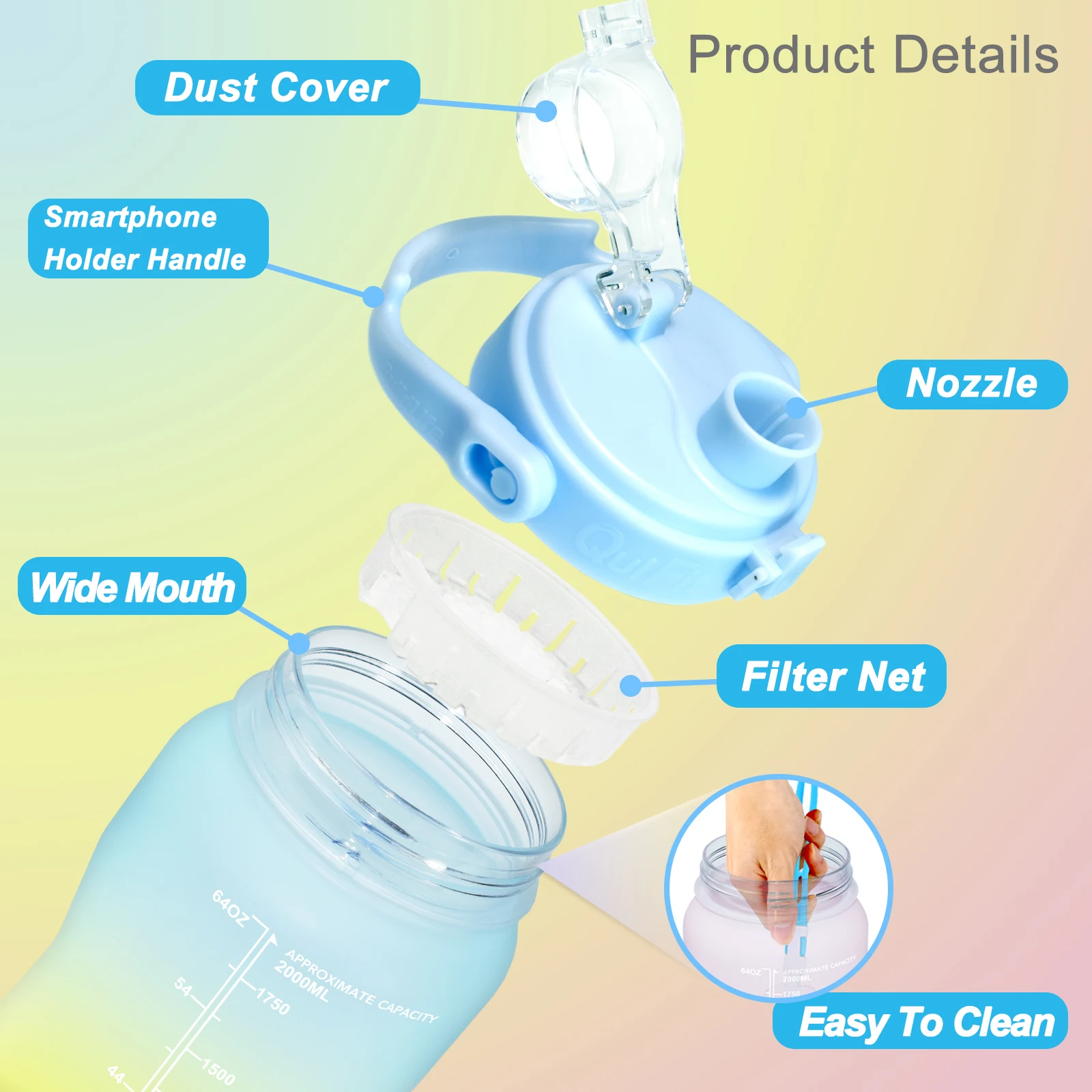 quifit 2l 64oz 3 8l 128oz motivational water bottle with time marker flip flop bpa free portable sports phone stand gym jug free global shipping