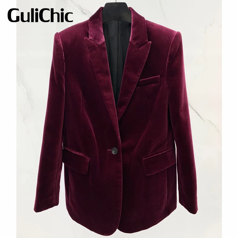 

7.11 GuliChic Women Office Lady Temperament Single Button Long Sleeve Velvet Blazer