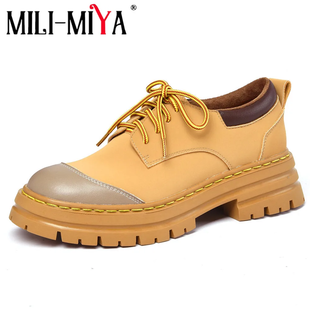 

MILI-MIYA New Arrival Women Cow Leather Pumps Lace Up Round Toe Thick Heels Plus Size 34-42 Splicing Upper Casual Street Shoes