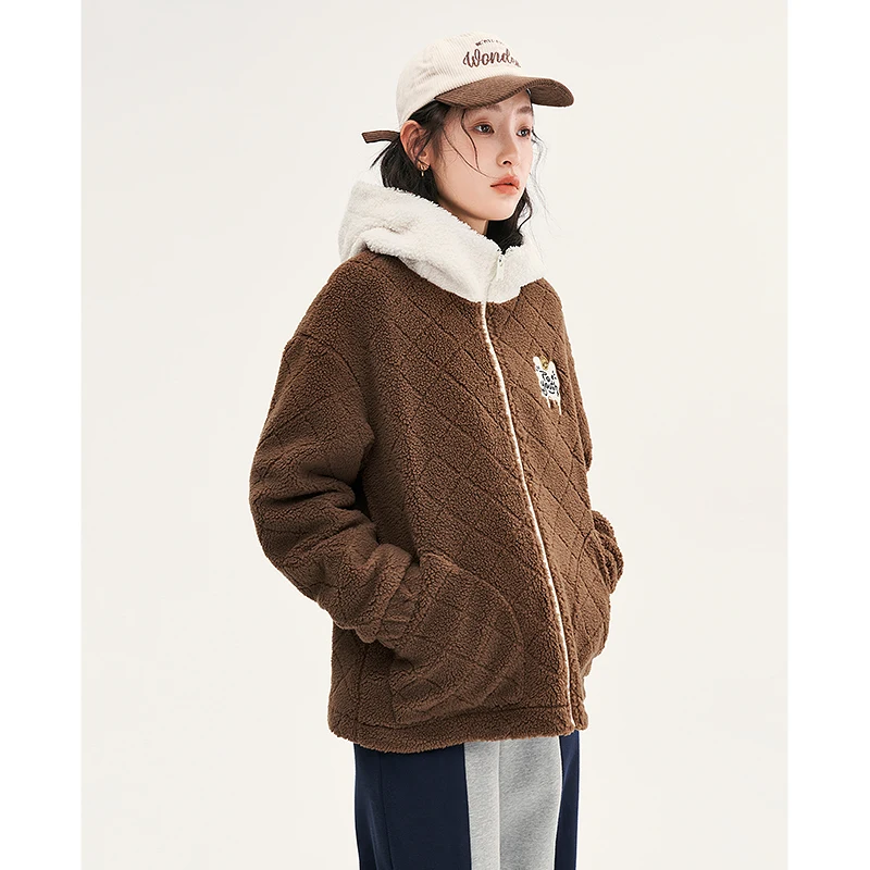 Toyouth Women Thick Plush Coat 2022 Winter Long Sleeve Loose Jacket with White Hat Windproof Warm Large Pocket Outwear Tops