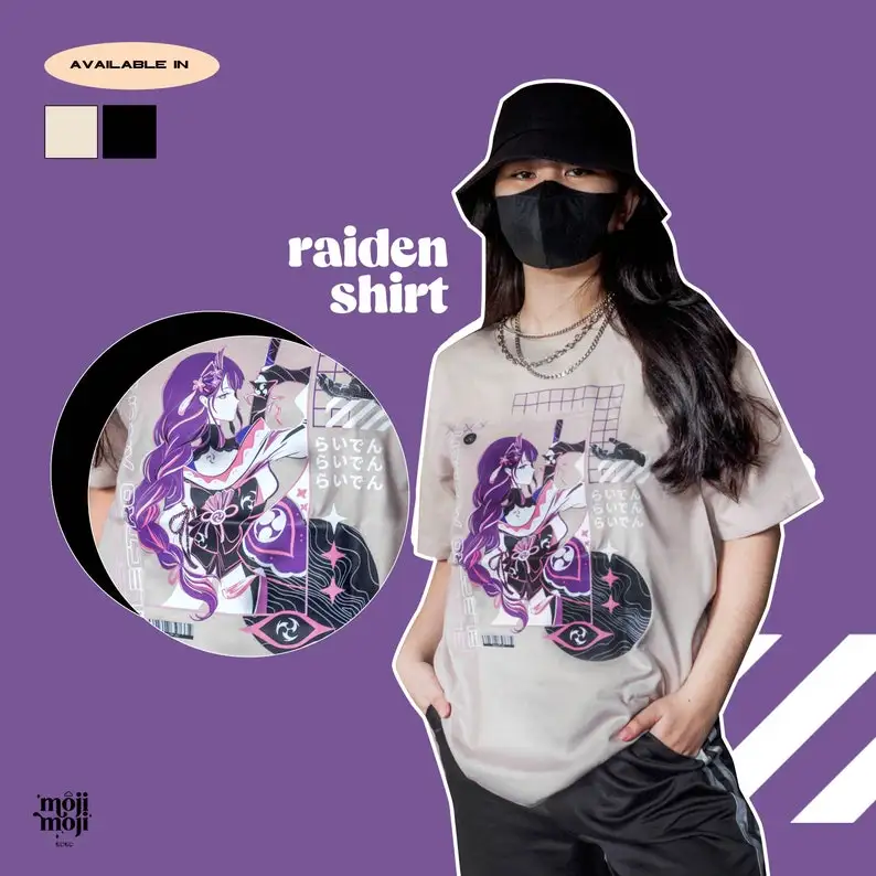 Фото Ударопрочная рубашка, Raiden Shogun, футболка Genshin, футболка для геймеров, игровая футболка, Raiden Merch, милый аниме №2