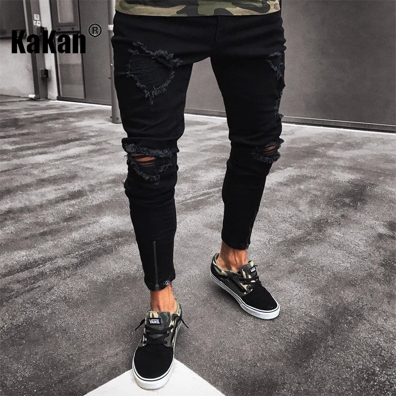 Kakan - New European and American Distressed Small Leg Jeans for Men, High Street Slim Fit Elastic Motorcycle Long JeansK49-8555