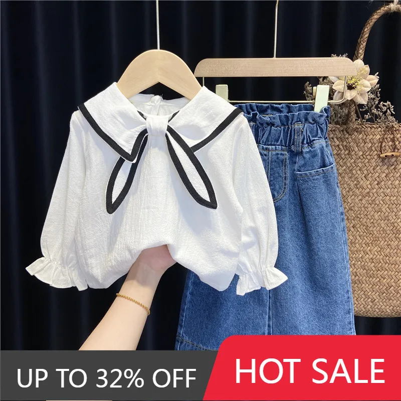 

Korea Children Girl Autumn Clothes Set 2-7Years Kids Short Sleeve Navy Collar White Shirt+Wide Leg Denim Pant Jeans 2PCS Outfits