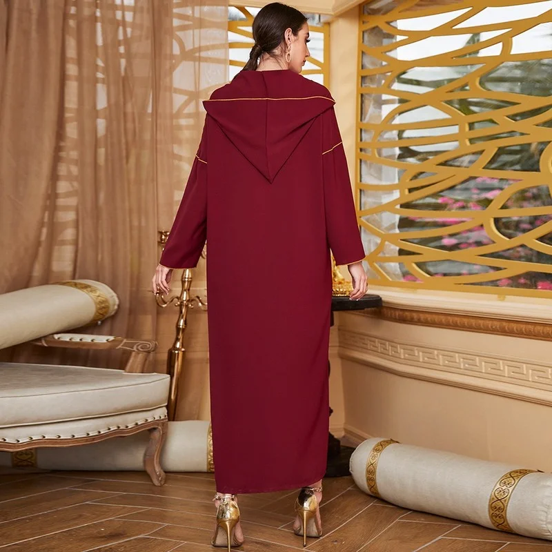 2022 Fashion Women Muslin Dress Ramadan Listing Hooded Collar Long Sleeve Printing Solid Color Patchwork Lady Dress For Spring