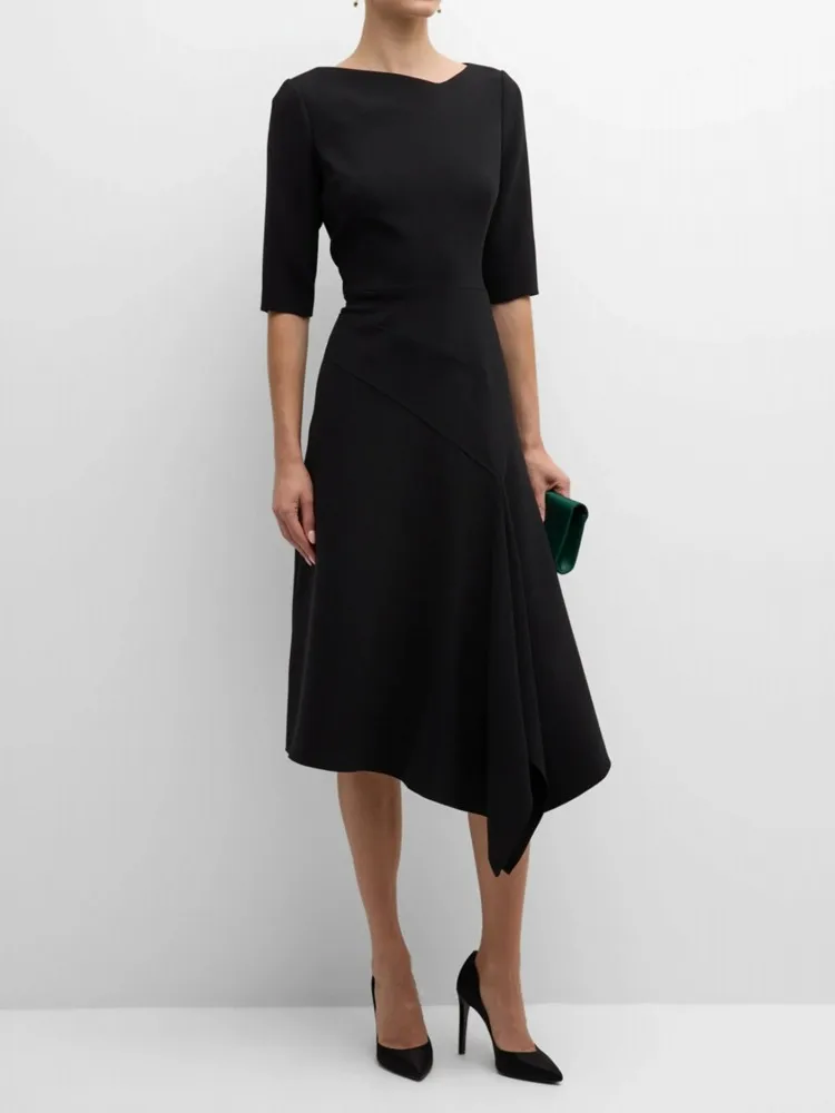

Летние платья, необычная офисная одежда, женское платье с коротким рукавом, Черное Платье До Колена, а-силуэт, элегантная женская одежда из органической кожи