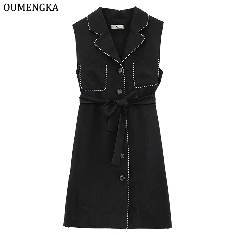 

Elegant Woman Black Midi Office Dress Spring Autumn Sleeveless V-Neck Sigle-Breasted Button Female Fashion Notched Dresses