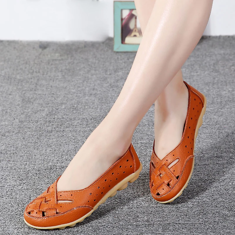 Ladies Shoes 2023 Plus Size 35-44 Summer Cut Out Women Genuine Leather Woman Ballet Flats Casual Sandals Women Loafers Gift Shoe