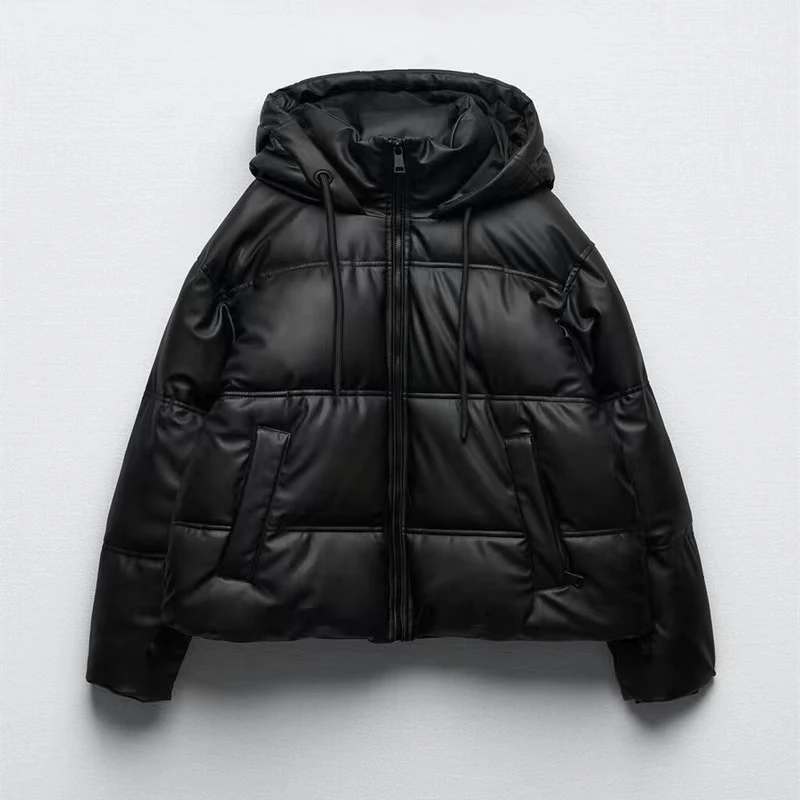 2023 Women Padded Jacket Faux PU Leather Winter Warm Loose Hooded Pocket Fashion Vintage Thick Quilted Parkas Girl Outerwear Top