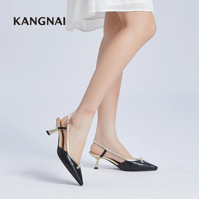 

Kangnai Sandals Women Pointed Toe Middle Kitten Heels Genuine Leather Slingback Sexy Ladies Modern Shoes