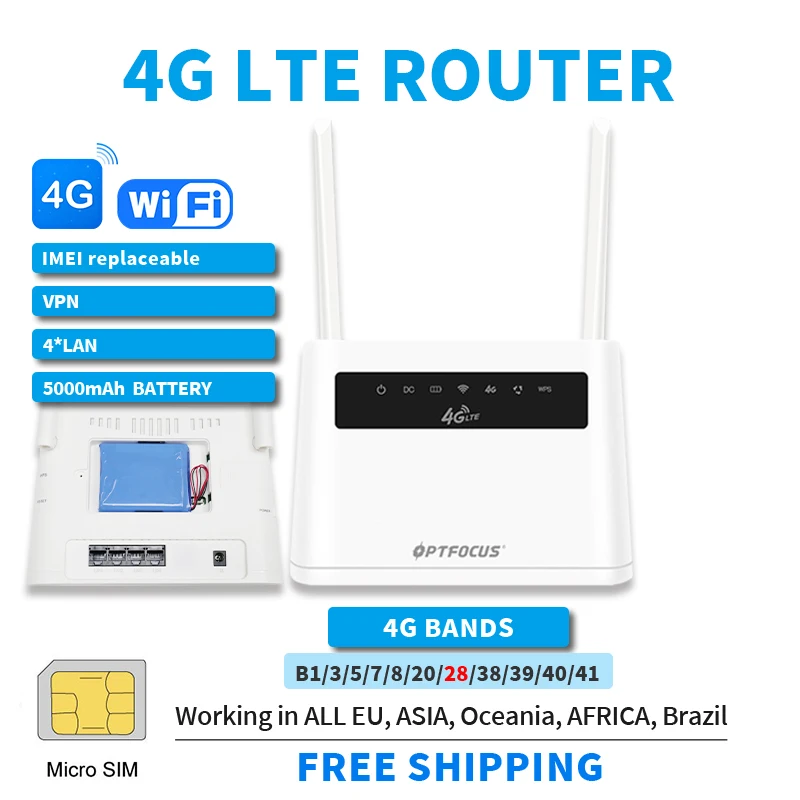 OPTFOCUS – Routeur 4G LTE avec carte SIM, batterie 5000mah,