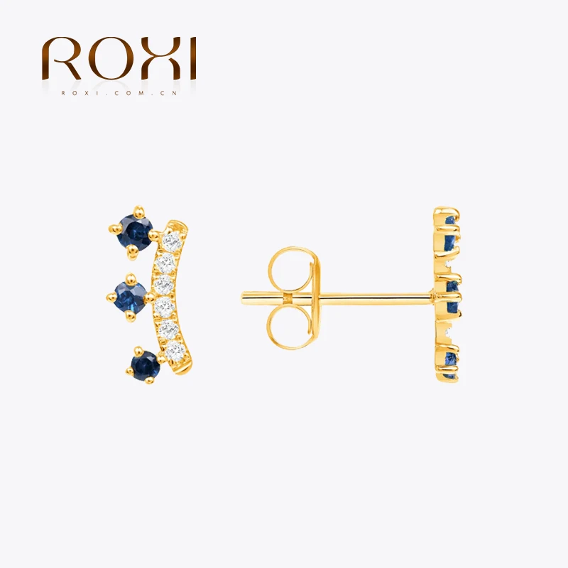 ROXI Blue Crown Fashion Versatile Stud Earrings 925 Sterling Silver Gold Personality Stud Earrings Ladies Elegant Jewelry Gift