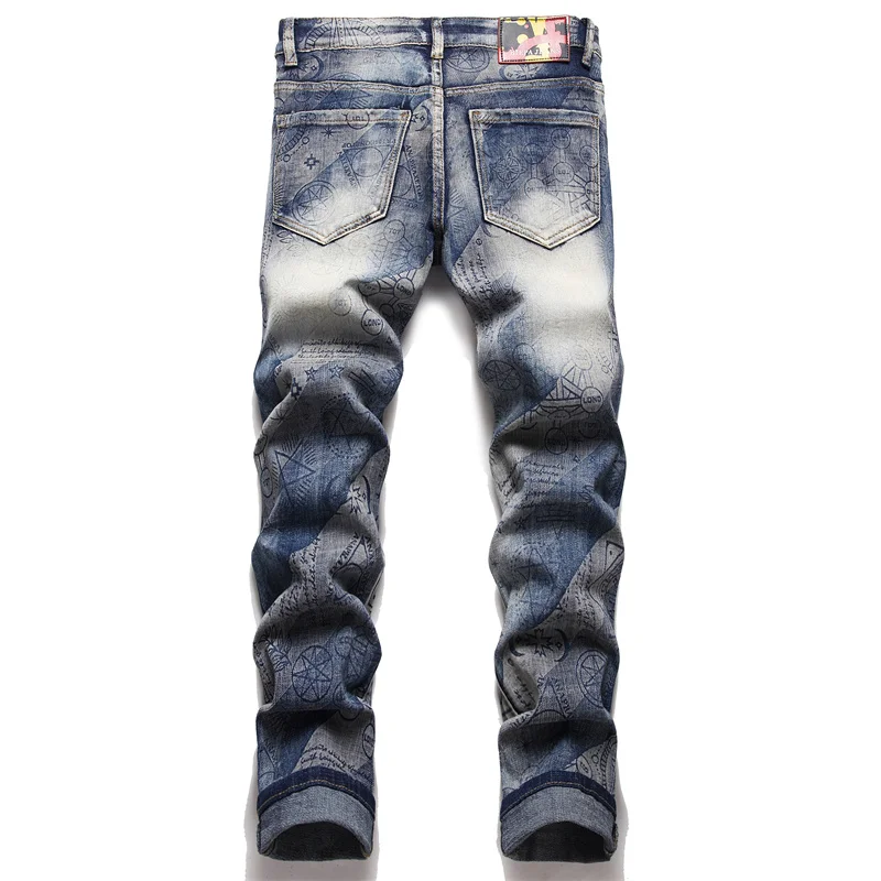 Men's Colorful Graffiti Printed Jeans Y2K Colorful Slim Fit Tapered Elastic Casual Pants Fashion Street Clothing Small Foot Pant