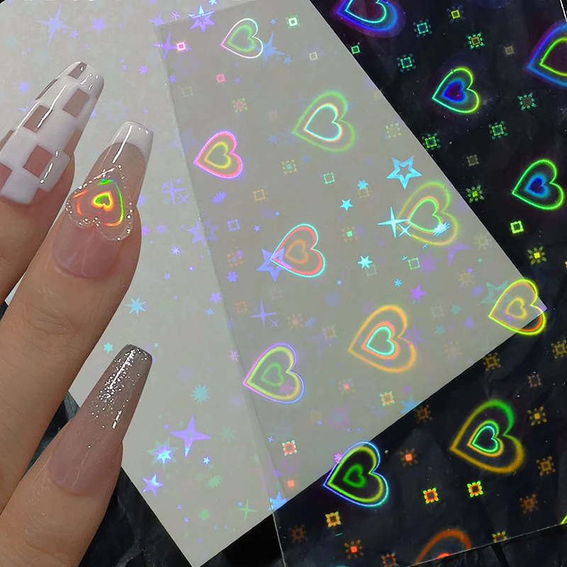Aurora Laser Heart Nail Art Sticker Shiny Dynamic Gradient Love Star Pattern Glass Foil Film Adhesive decals Decoration 1PC |