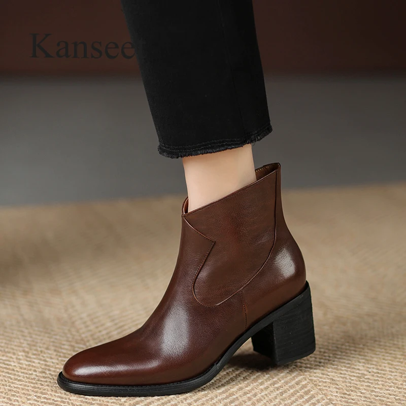 

Женские ботильоны из натуральной кожи Kanseet на высоком каблуке, осенне-зимняя обувь, винтажные короткие ботинки с круглым носком высокого качества, коричневые, 40