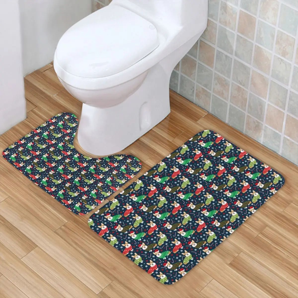 

Corgi Christmas Sweaters Bath Mat Dog Pattern Polyester Pet 2pcs Bathroom Mat Set Soft Modern Bathroom Rug