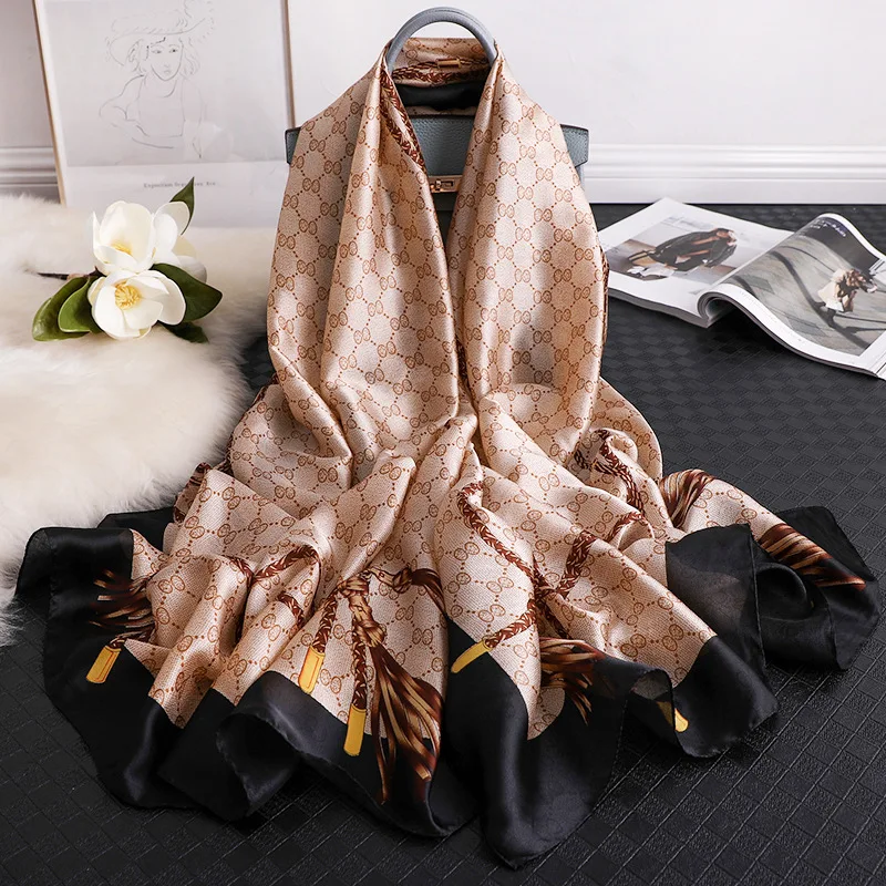 

2022 Spring and Autumn New Silk Scarf Women's Beach Long Luxury Brand Scarf Outdoor Soft Windproof Big Shawl 180*90cm Hijab Girl