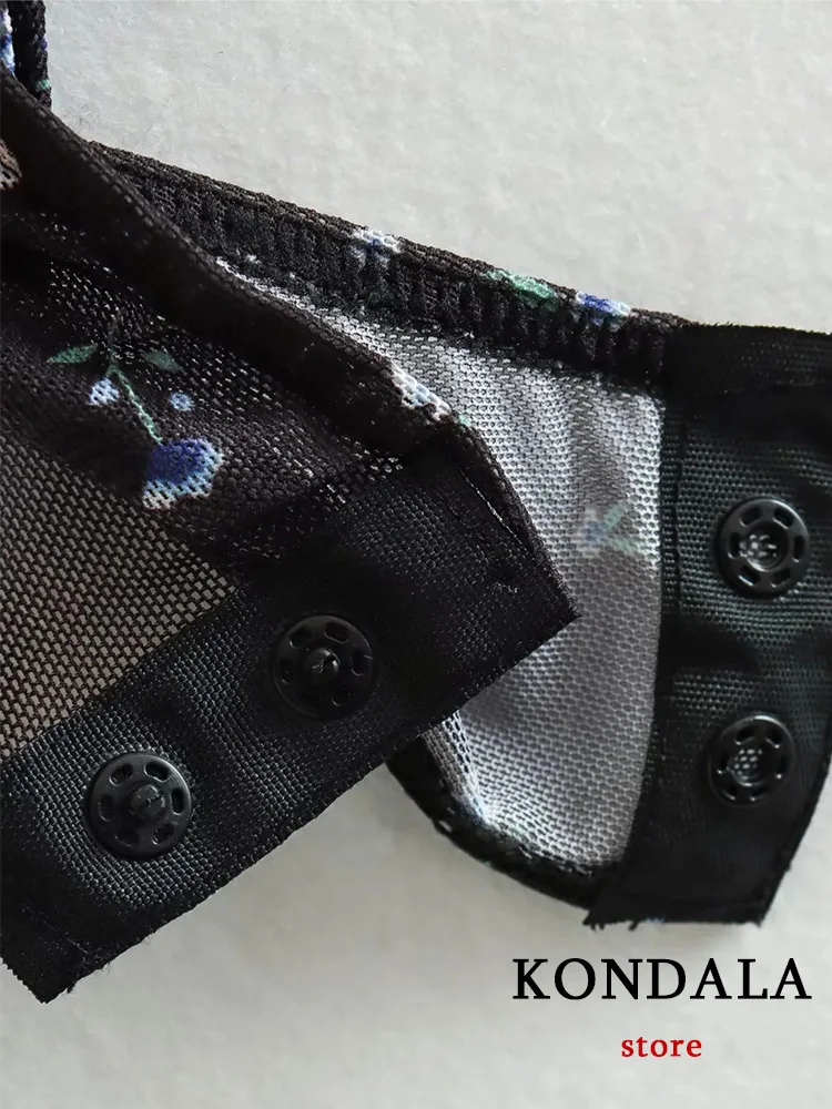 Пикантные шифоновые боди KONDALA с цветочным принтом черные прозрачные облегающие