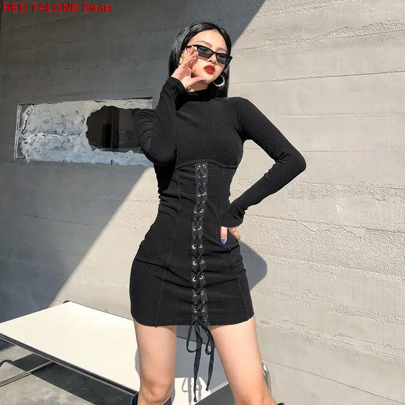 

Spring Autumn Sexy Bodycon Dresses Free Shipping Long Sleeve Chic Black Dress Knitted Bandage Vestidos De Mujer Casual Mini