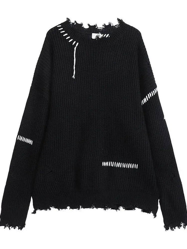 

Half Turtleneck Sweater Men's Streetwear Wash Destroyed Sweater Hip Hop Tassels Ripped Knit Sweaters Oversize Pullovers Autumn