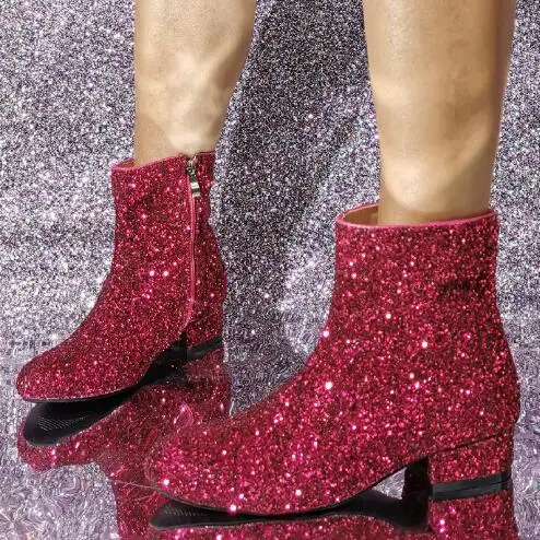 

Ярко-розовые Синие Блестящие тканевые ботильоны с круглым носком и блестками на молнии, женские модные короткие ботинки на низком каблуке, женская обувь