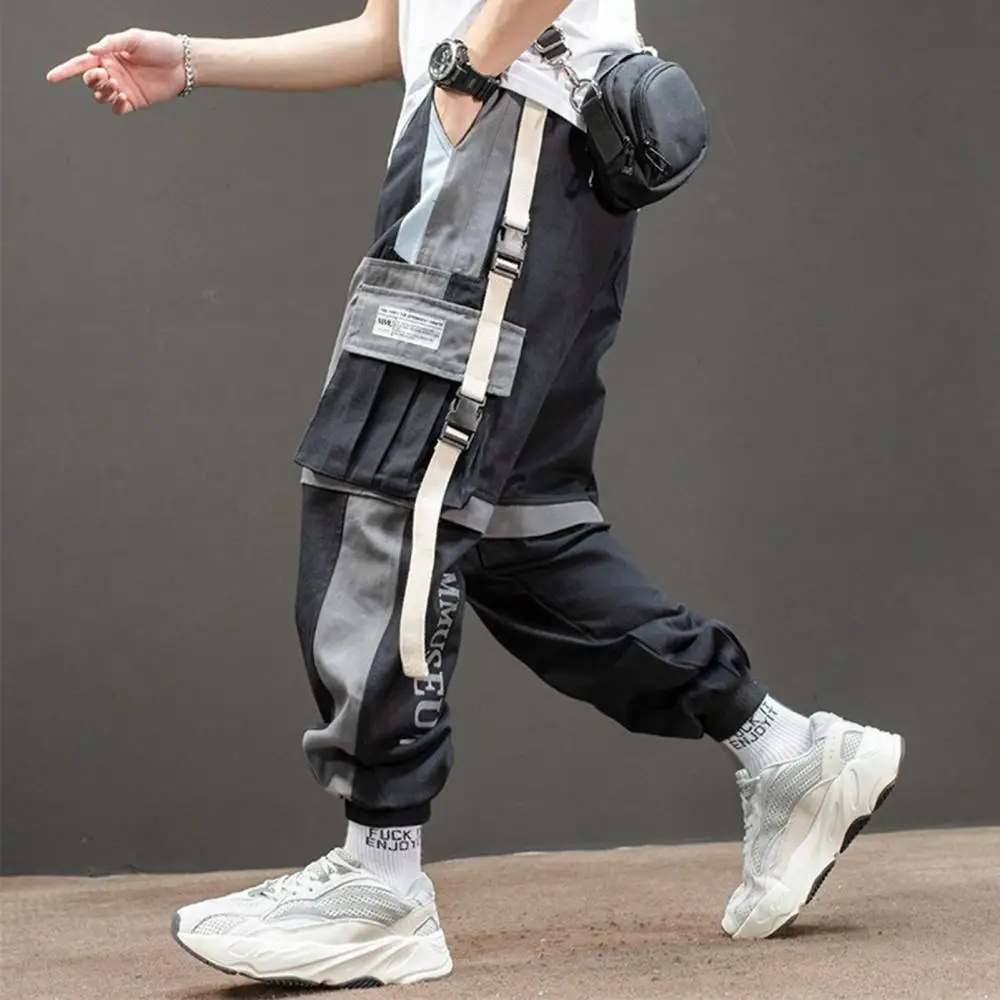 

Stylish Pockets Pants Trousers Long Ankle Tied Men Multi Straps Patchwork Cargo