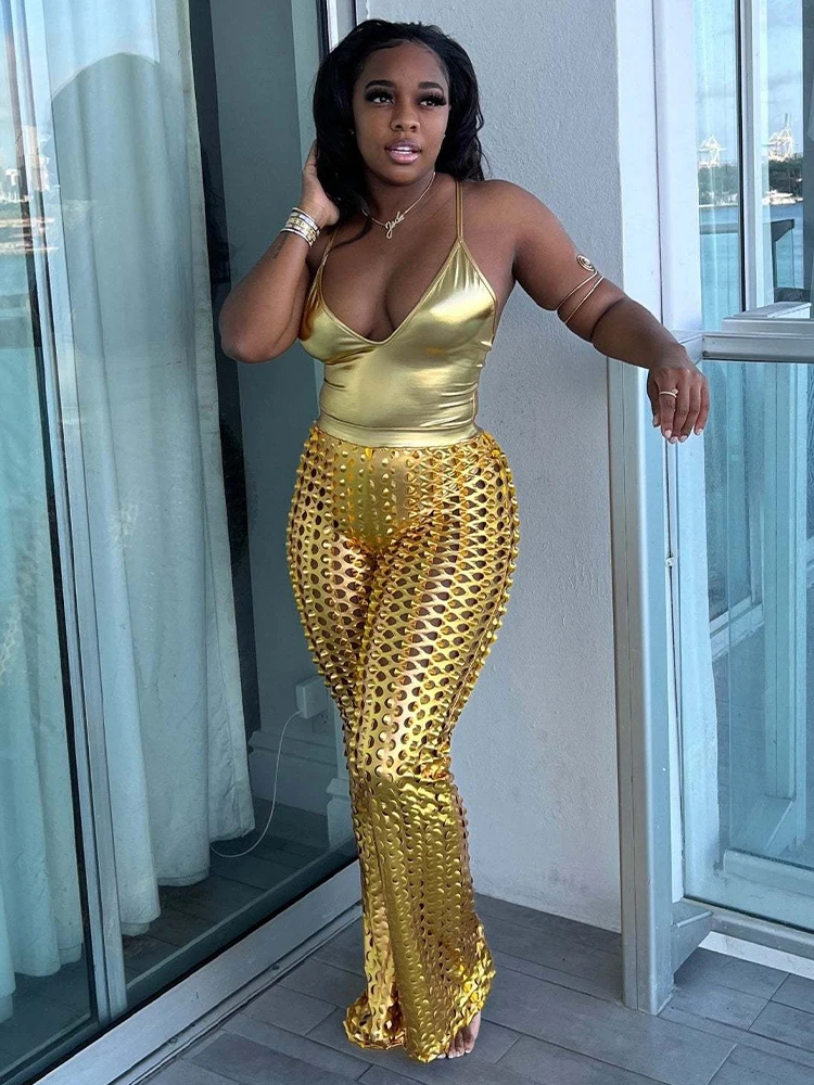 

Потрясающие женские спортивные костюмы, летние бронзовые золотистые и Серебристые Облегающие юбки и ажурные расклешенные длинные брюки, о...