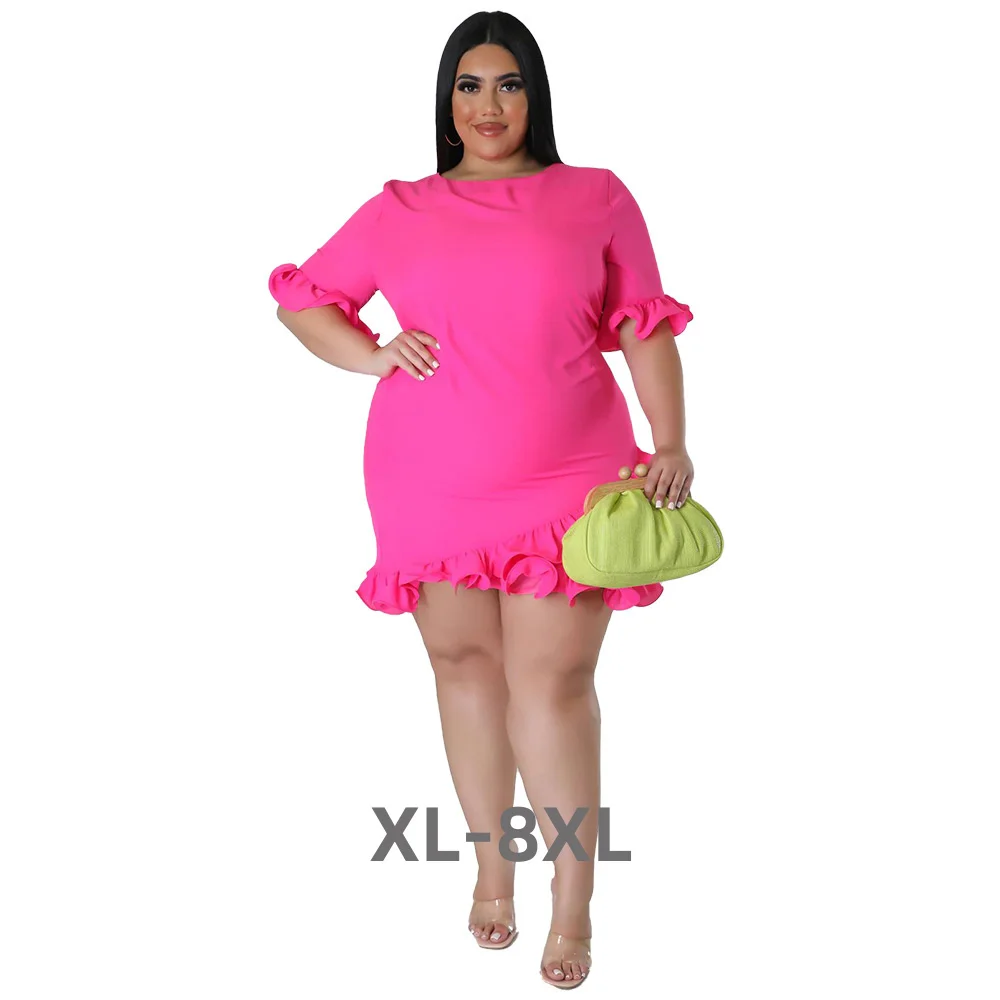Plus Size Summer Fashion Ruffles Women Casual Dress Half Sleeves Round Neck Solid Elegant Ladies Party Mini 3xl 4xl 5xl 6xl