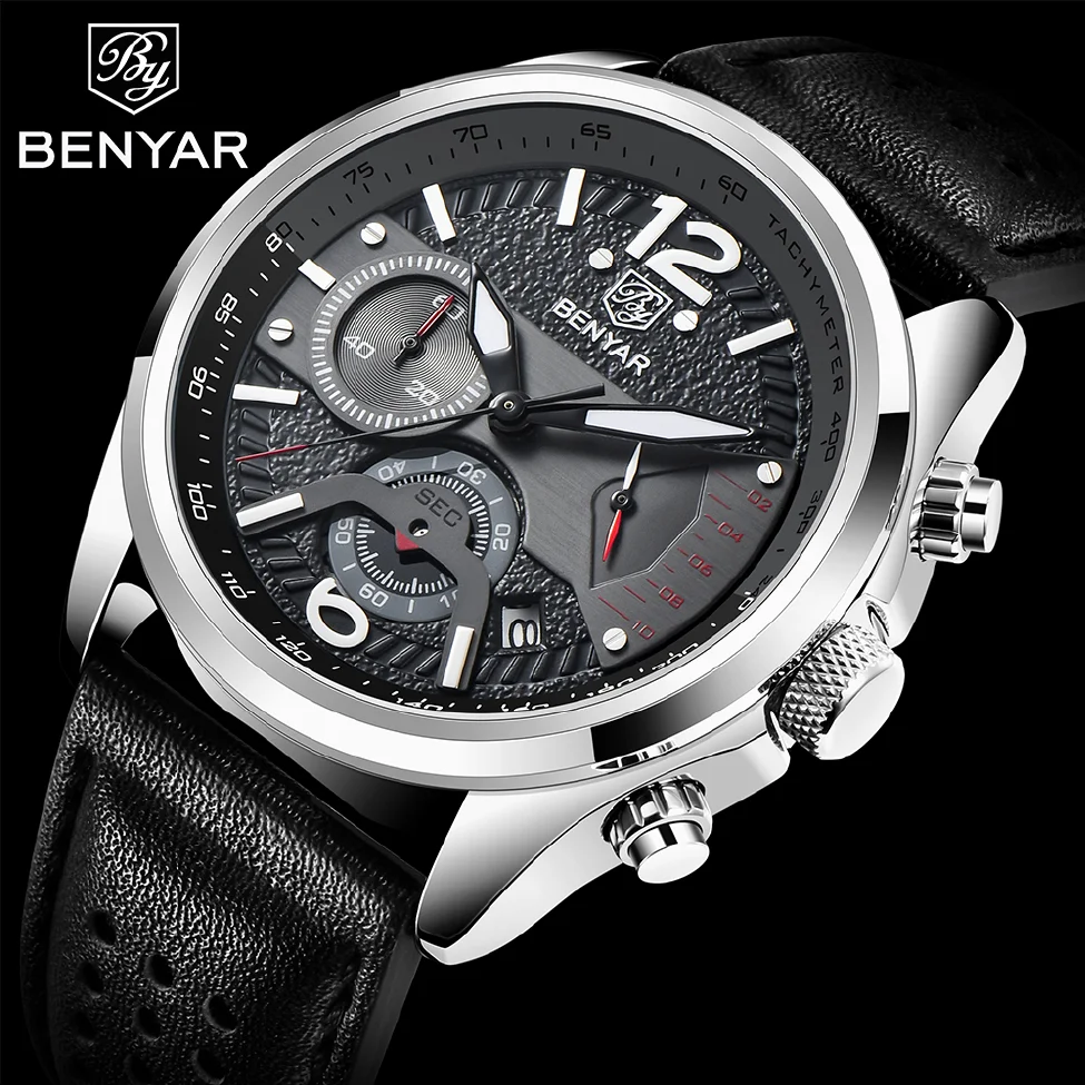 

Мужские кварцевые наручные часы с хронографом, на кожаном ремешке