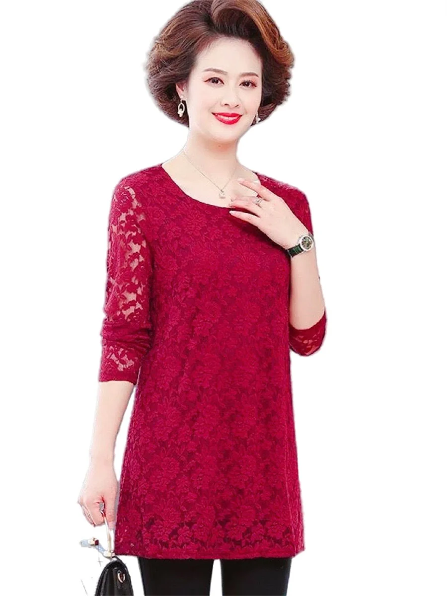 

5XL Women Spring Summer Blouses Shirts Lady Fashion Casual Long Sleeve O-Neck Collar Sexy Lace Embroidery Blusas Tops G2104