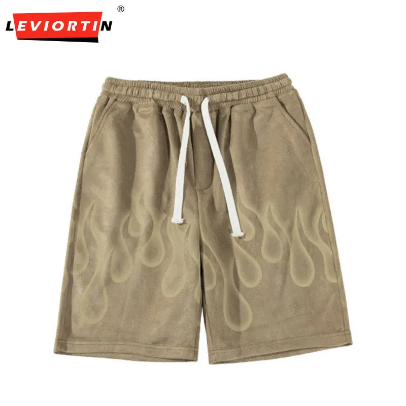 

Men Suede Shorts Streetwear Y2K Hip Hop Fire Flame Print Casual Baggy Jogger Shorts 2023 Summer Fashion Loose Sweatpants