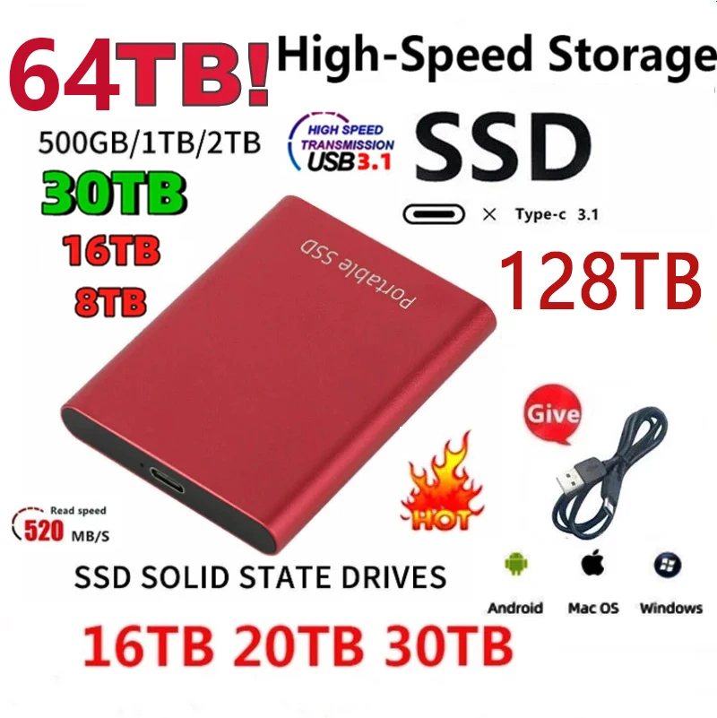 Portable SSD HDD 500GB 1TB 2TB External Hard Drive 8TB 16TB Solid State Drives 128TB Hard Disk USB 3.1 4TB SSD For Laptop PS4