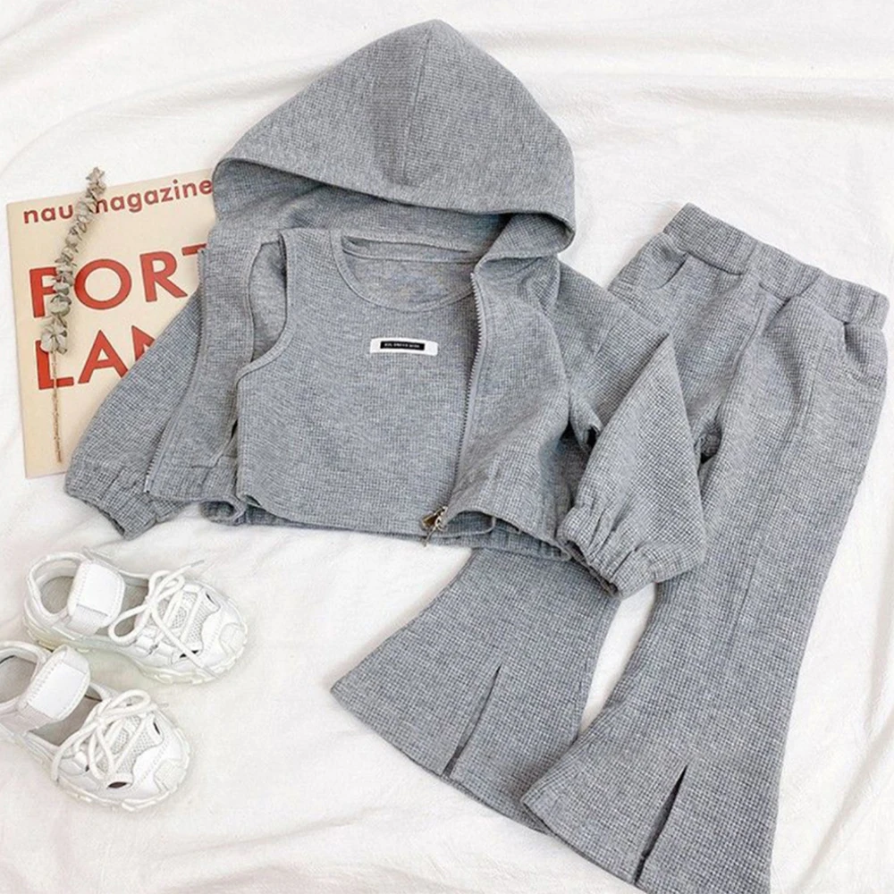

Girls Sports Set Cloth 95% Cotton Short Hoodies Vest and Flared Pants 3PC Set Fashion Casual Solid Sport Set for Children