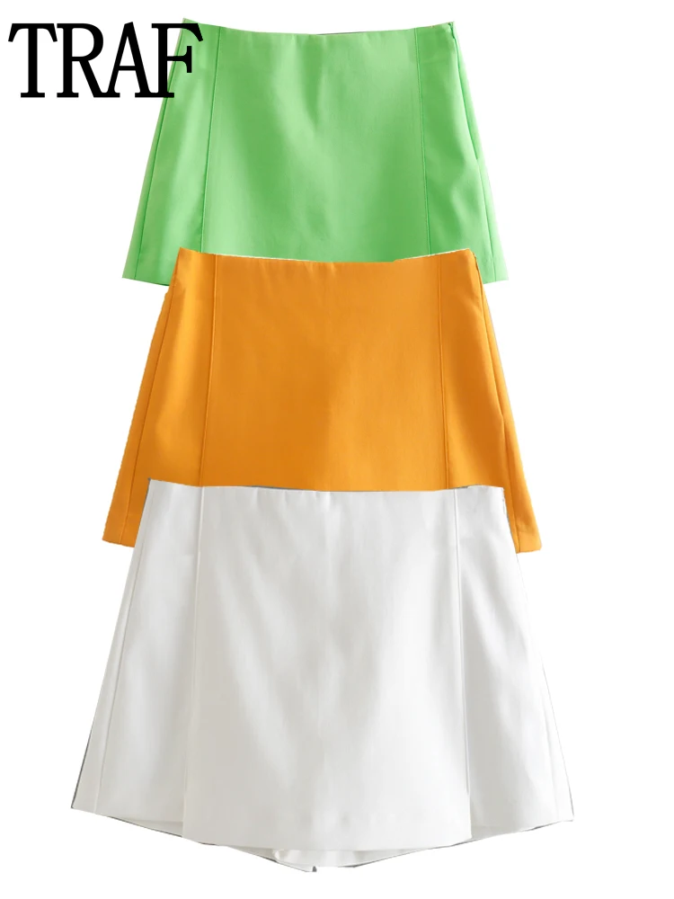 

Шорты TRAF женские с завышенной талией, зеленые модные Асимметричные повседневные кюлоты, оранжевые короткие штаны, лето 2022