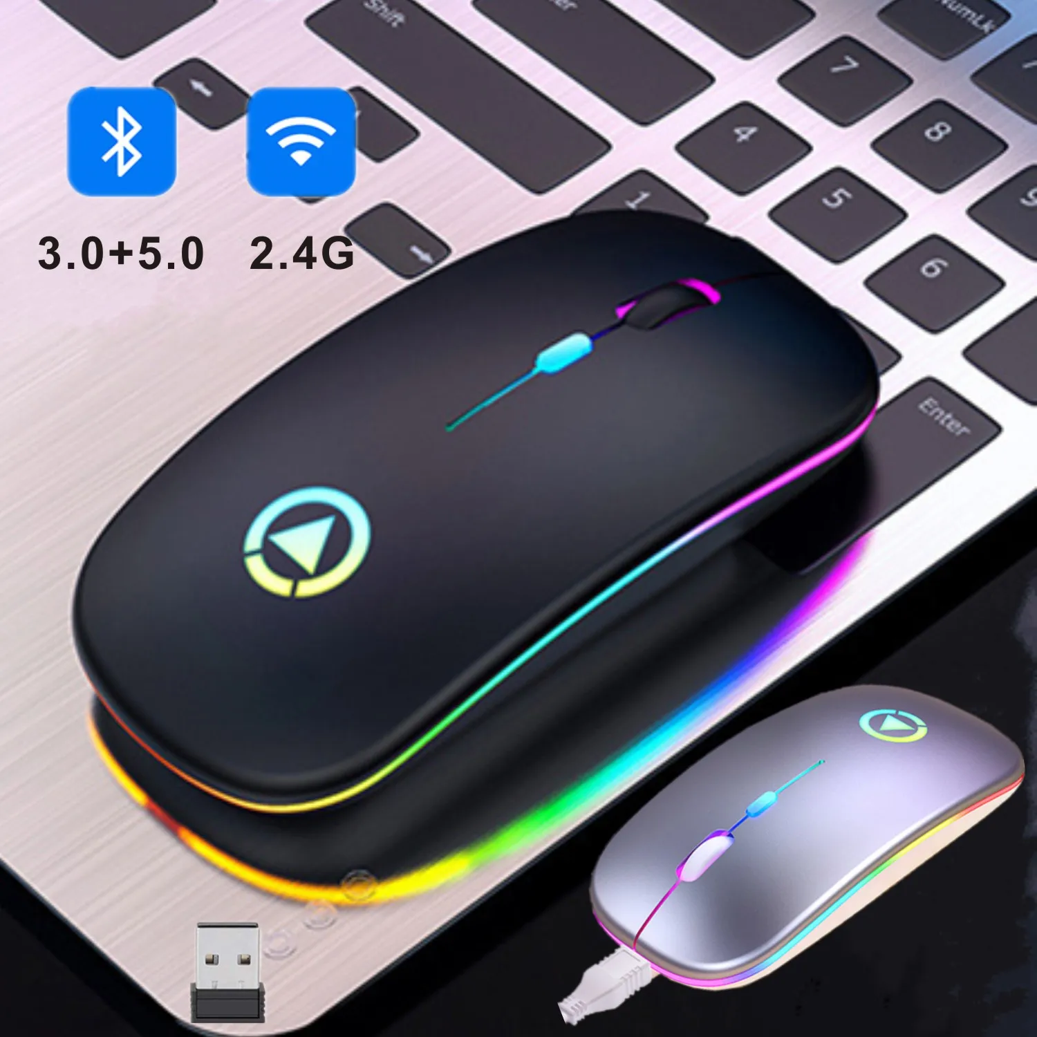 led rgb wireless mouse bluetooth mice for pc computer laptop rechargeable silent usb dual mode magic ergonomic game gaming mause free global shipping