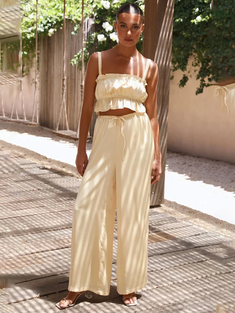 

Сплошная шикарная плиссированные брюки с широкими штанинами, 2023 Suer, повседневный комбинезон с вырезом лодочкой, комплект из двух предметов для Woen Sli, костюм с открытой спиной