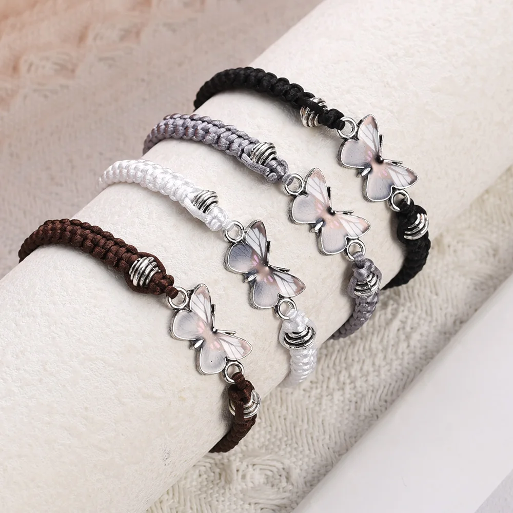 

Black Butterfly Charm Bracelet Handmade Braided Rope Thread Fashion Adjustable Bracelets Bangles Women Lucky Jewelry Friend Gift